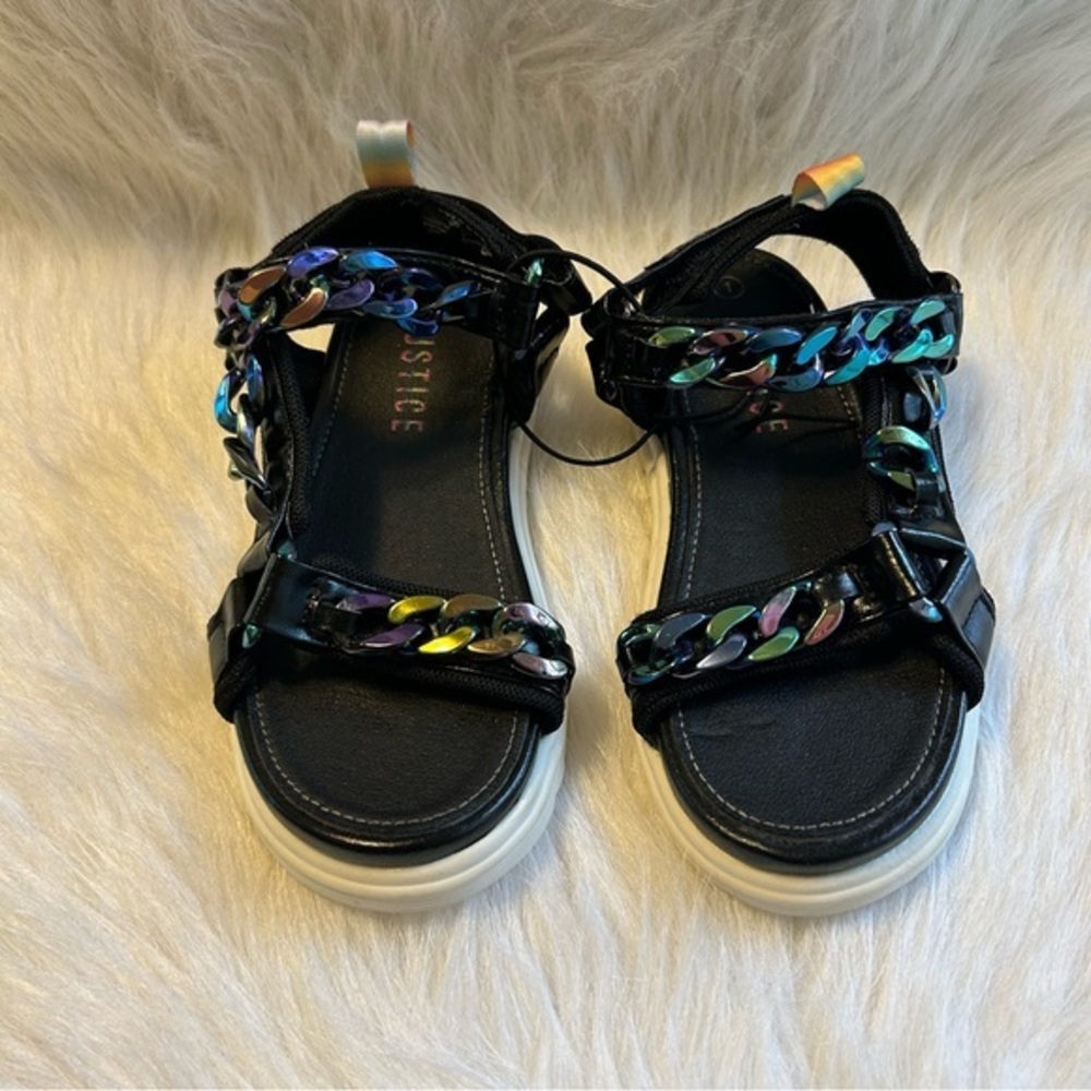 Justice Sandals Girls Size 1 Black Chains Open Toe Adjustable Shoes
